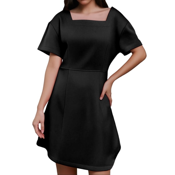 Vestido informal de manga corta con cuello cuadrado para mujer - Vestido mini con volantes de poliéster, tallas S-XL