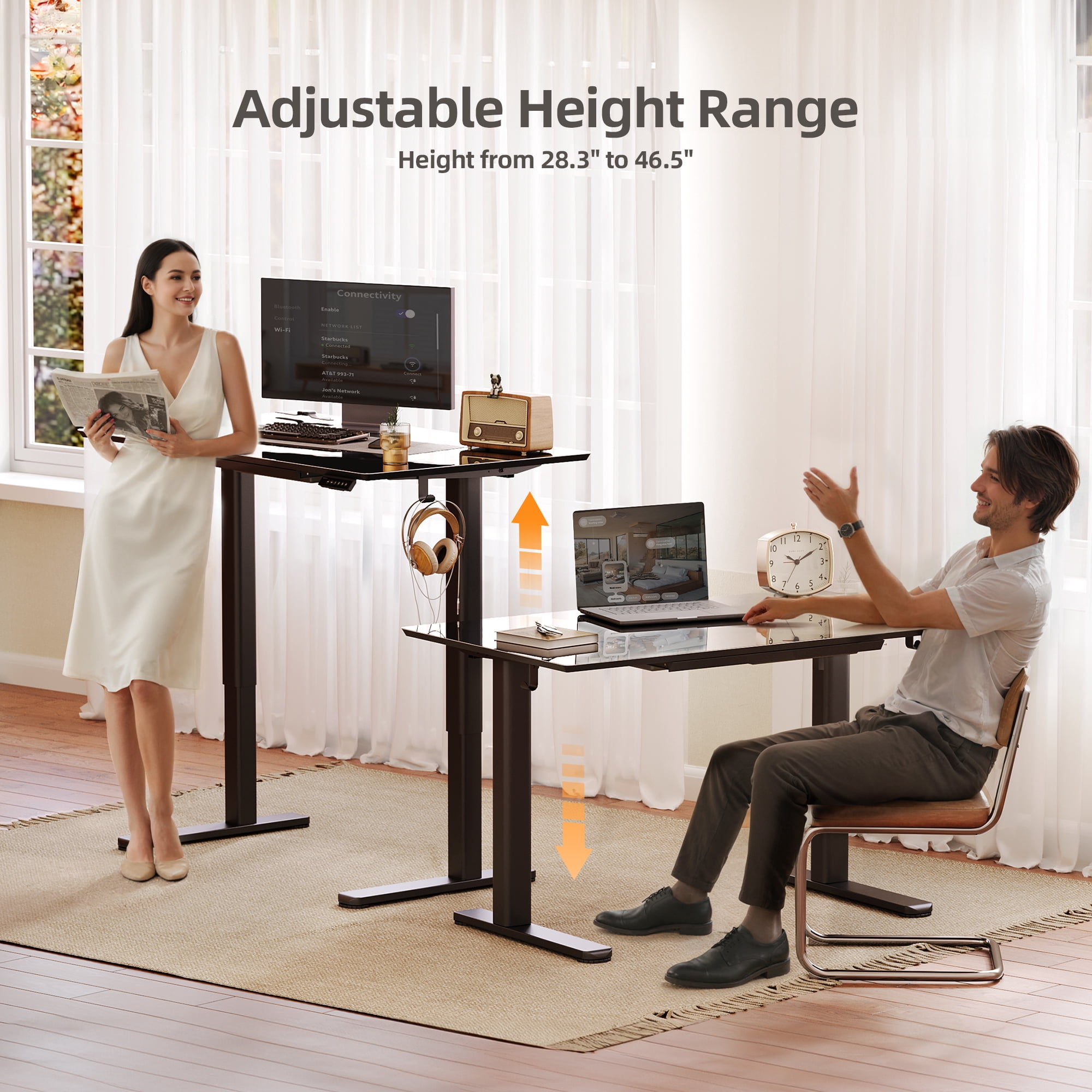 INNOVAR Glass Standing Desk with Drawers, 55×24 inch Glass Top Stand up Adjustable Desk, Rising Sit to Stand Electric Work Computer for Home Office Desk, Black,Quick Install