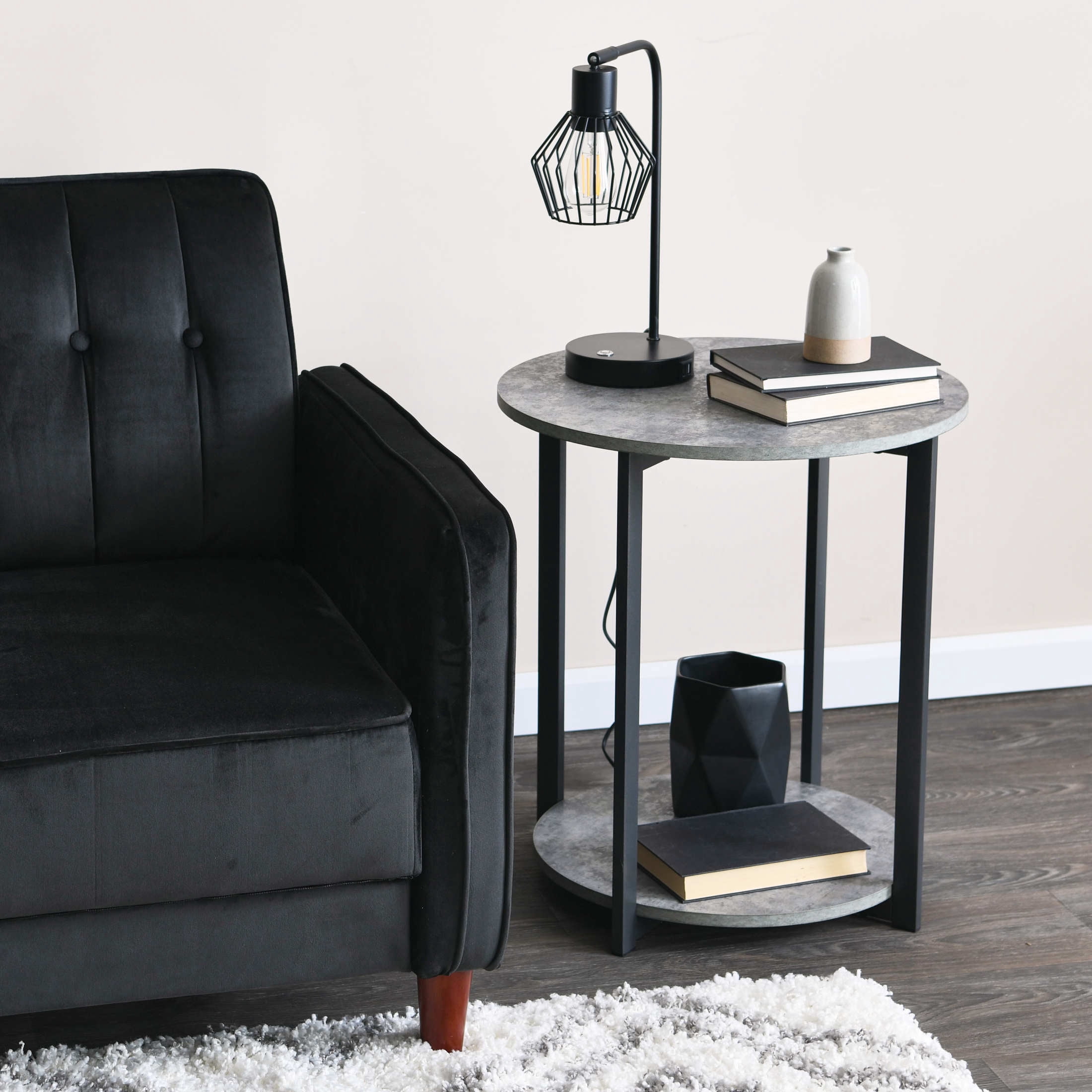 Household Essentials 2-Tier Round Low Side Table, Faux Gray Slate