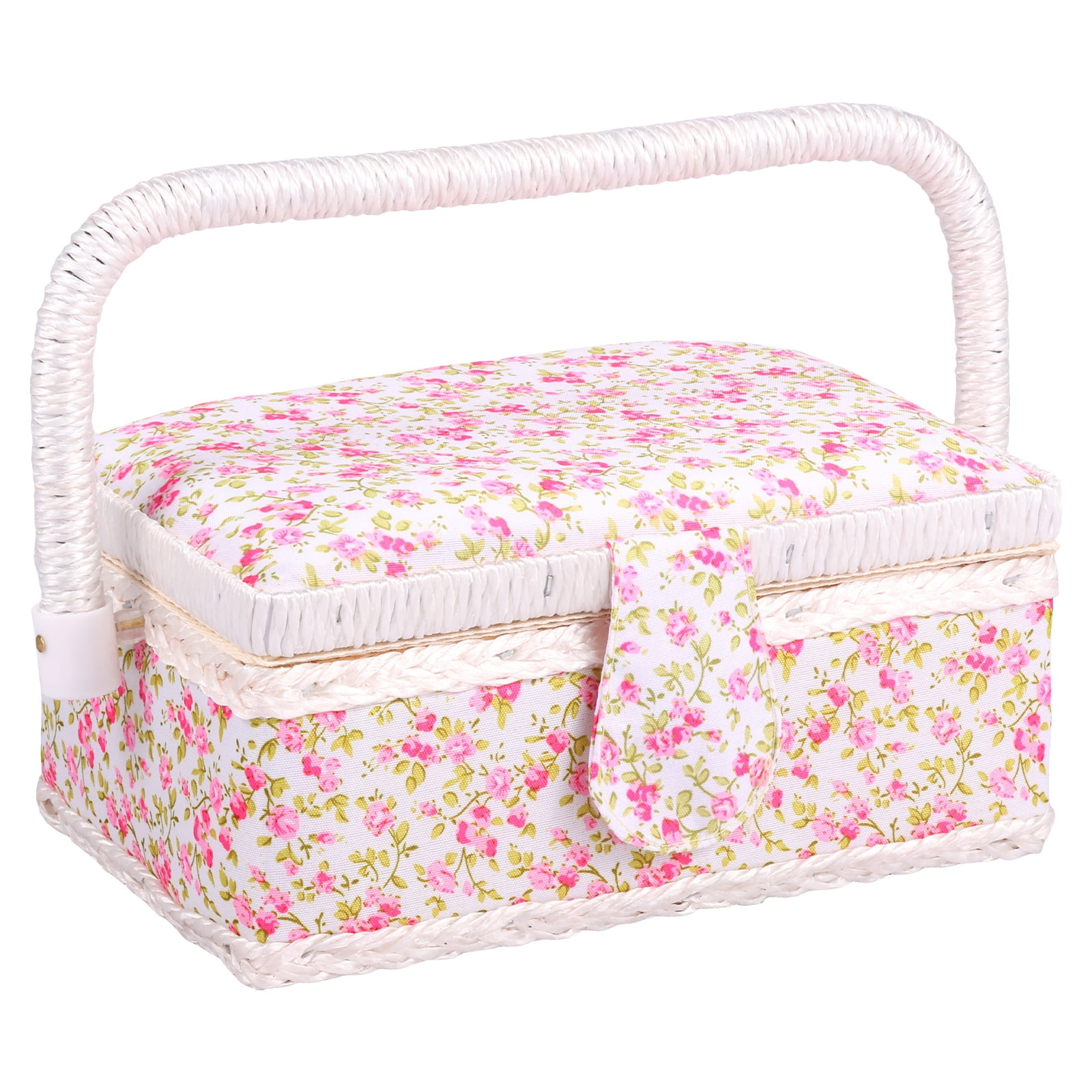 Atopoler Floral Sewing Basket,Vintage Wood Sewing Box with Tray and Handle for Traveling Beginner Professional,No Accessories,Pink Color