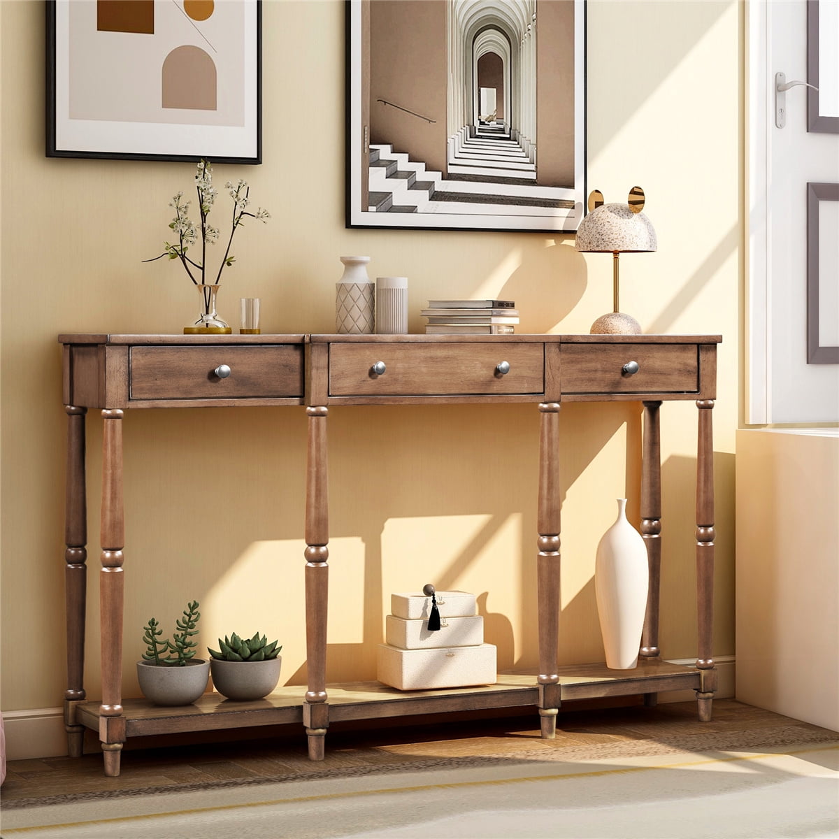 JINS&VICO Console Table, Wood Sofa Table with Storage Drawers and Shelf ...