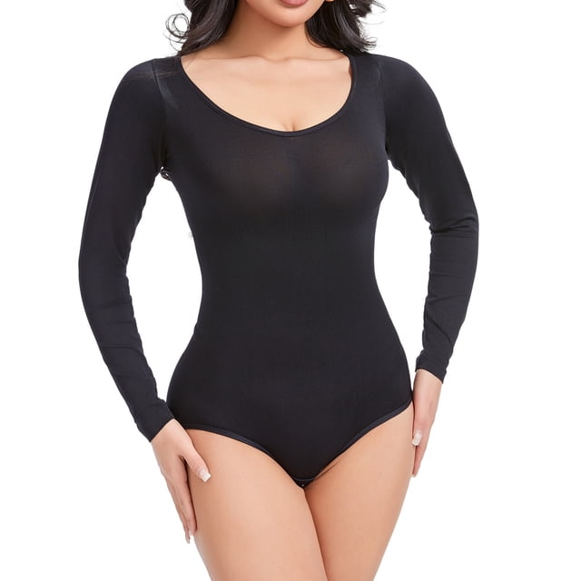 Body moldeador de cintura alta para mujer, color liso, con mangas largas y cuello redondo, corsé sin costuras, moldeador de nailon.