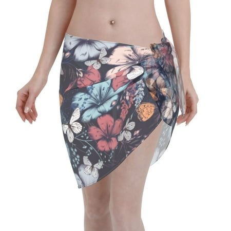 Ocsxa Flowers Ad Butterflies Print Sarong Coverups For Women Bathing Suit Wrap Swimsuit Skirt Beach Bikini Cover Up Swimwear