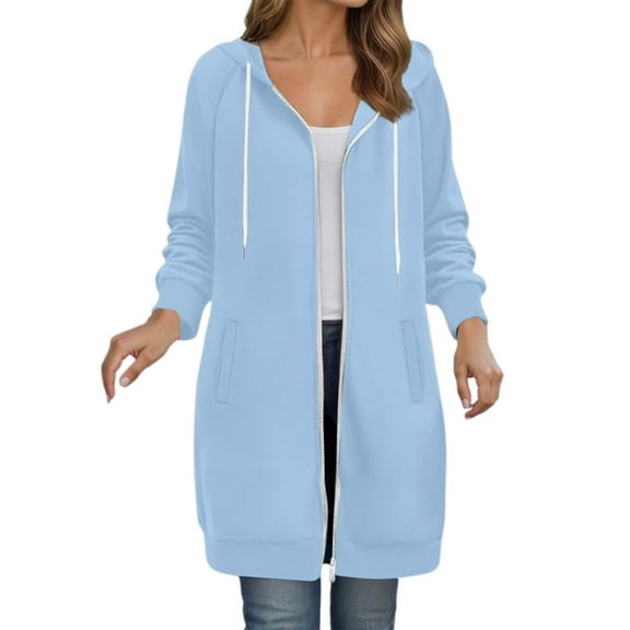 XIAONU Womens Hoodies Loose Fit Long Sleeve Zip Up Long Hooded Jacket Side Pockets Solid Color Winter Drawstrings Hoodie Coat Blue XL
