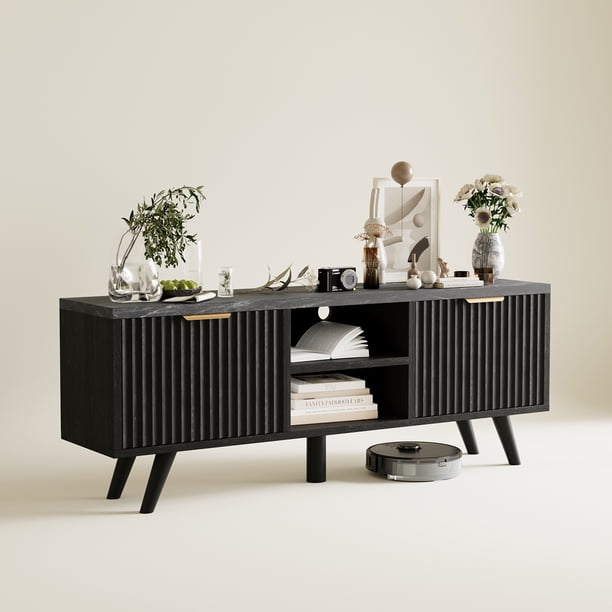 VERDALAY Mueble para TV con iluminación, 2 puertas, 2 niveles, compartimento abierto, organizador para televisión, mueble de madera para TV con tira de luz, patas elevadas, soporte para TV