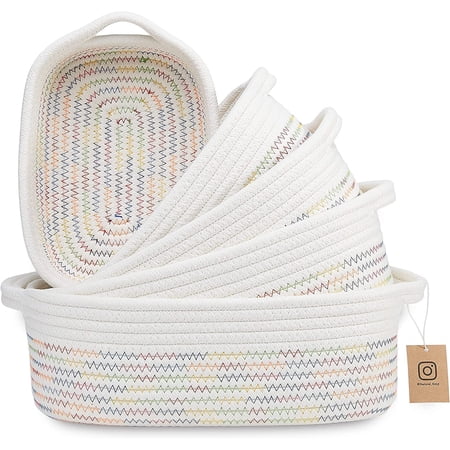 NaturalCozy 5-Piece Rectangle Storage Basket Set- Natural Cotton Rope Woven Baskets for Organizing! Small Basket for Montessori, Baby Nursery, Dog Toy Baskets, Cat Toy Box, Bathroom Organization Bin