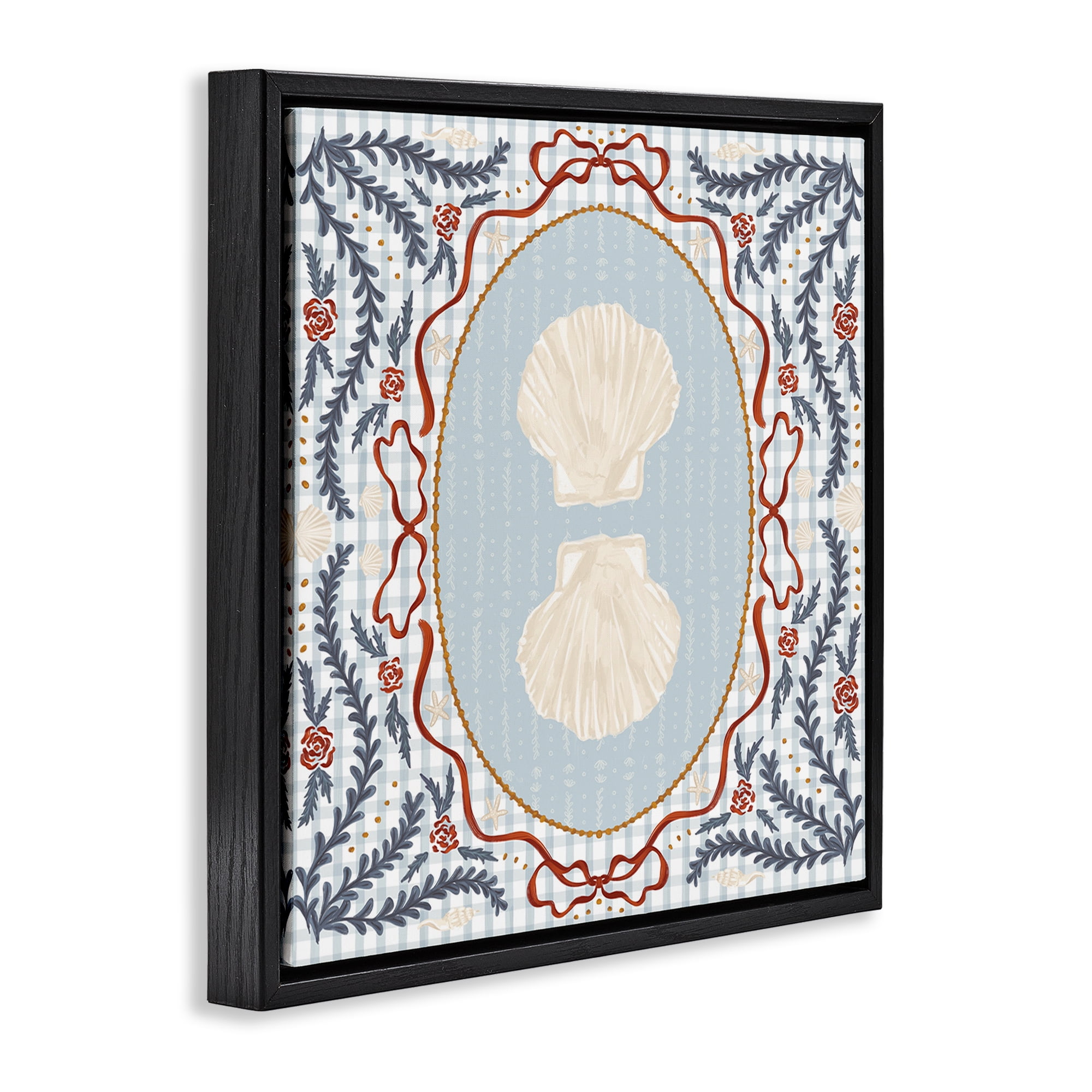 Stupell Industries Shells Portrait on Gingham Black Framed Floater Canvas Wall Art, design by Vero Illustrates