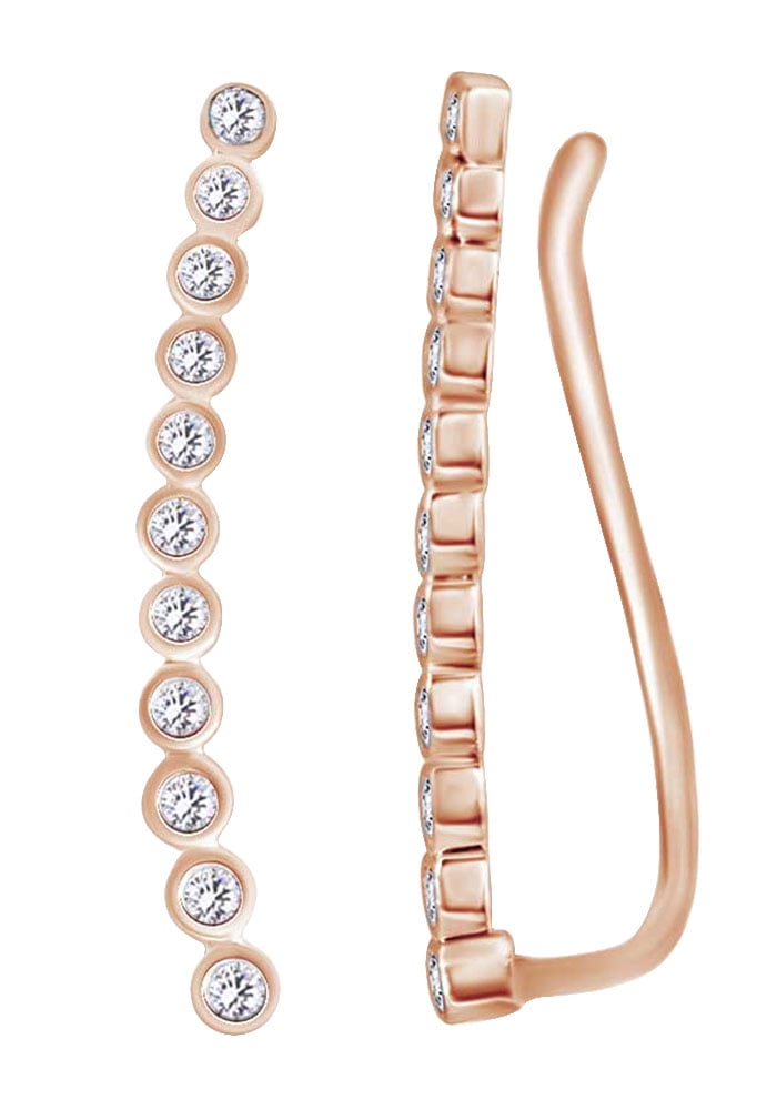 14k Rose Gold Climber Ear Crawler Earrings With Round Cut White Natural