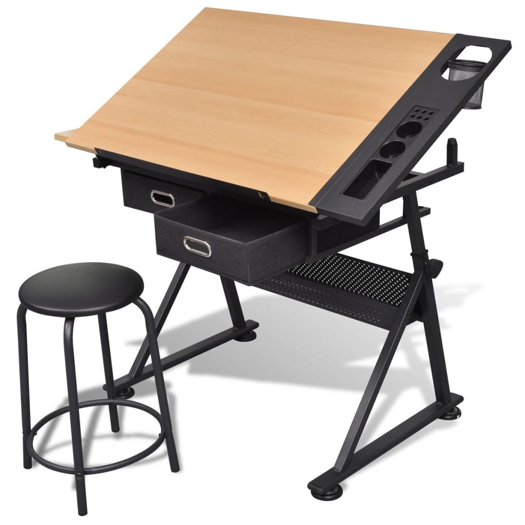 Drafting Table with Stool & Three Drawers Adjustable Height Tiltable Tabletop 