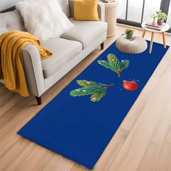 Navy Blue Christmas 2'x6' Runner Rugs for Hallway Kitchen Bedside Non Slip Washable, Xmas Tree Ball Winter Modern Art Entryway Rug Runners with Rubber Backing, Long Carpet Runner for Laundry Room