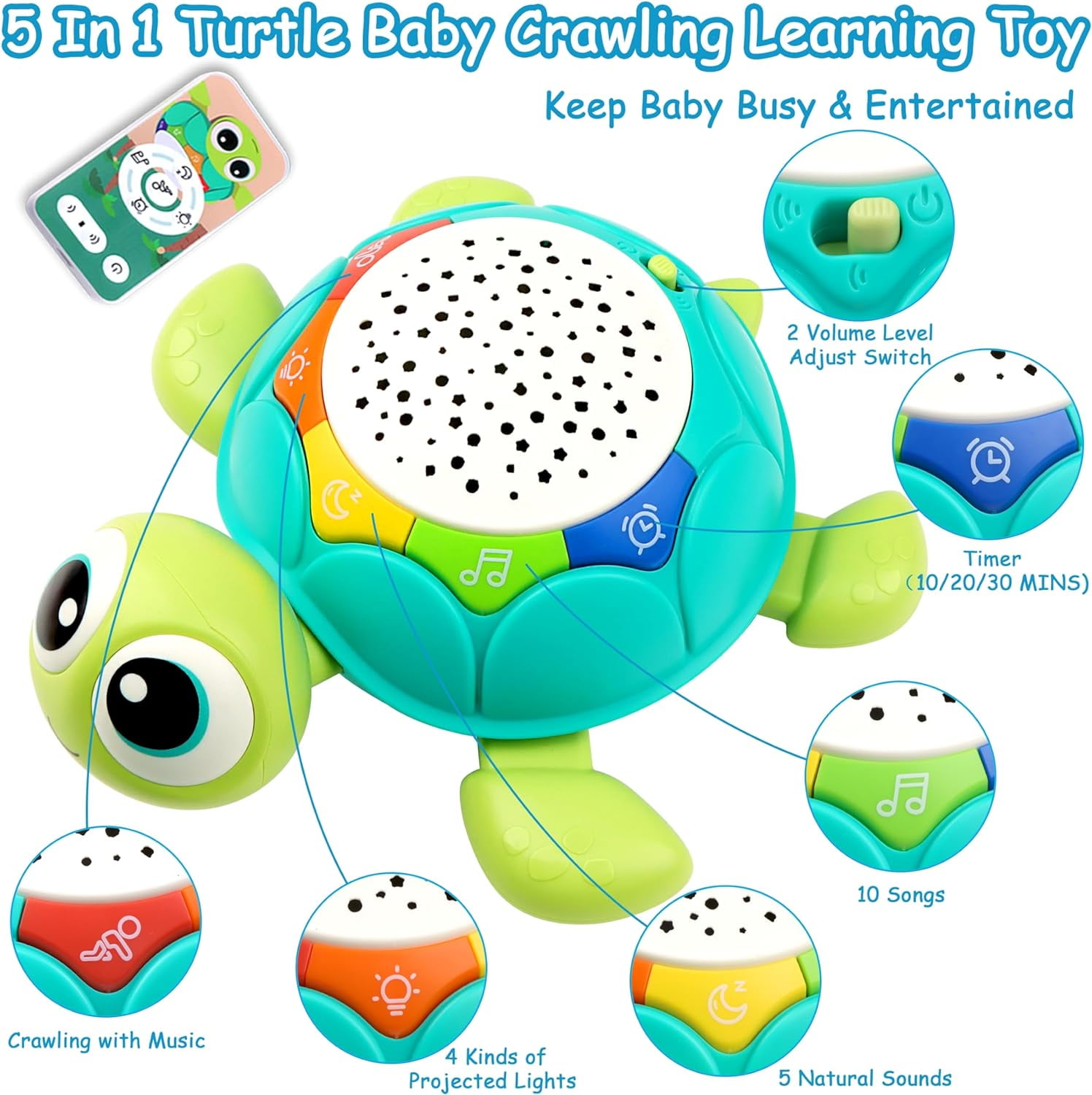 5 in 1 Musical Projector Turtle Crawling Toys Tummy Time Infant Baby Toys, Baby Toys 6-12 Months, 0-3 3-6 7 8 9 12-18 Months 1 Year Old Boy Toys Girl Toys Birthday Gift