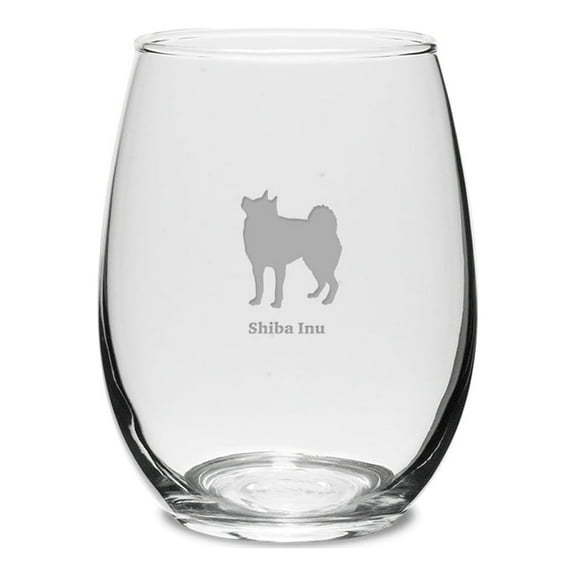 ShibaInu Deep Etched 15 oz Stemless White Wine Glass