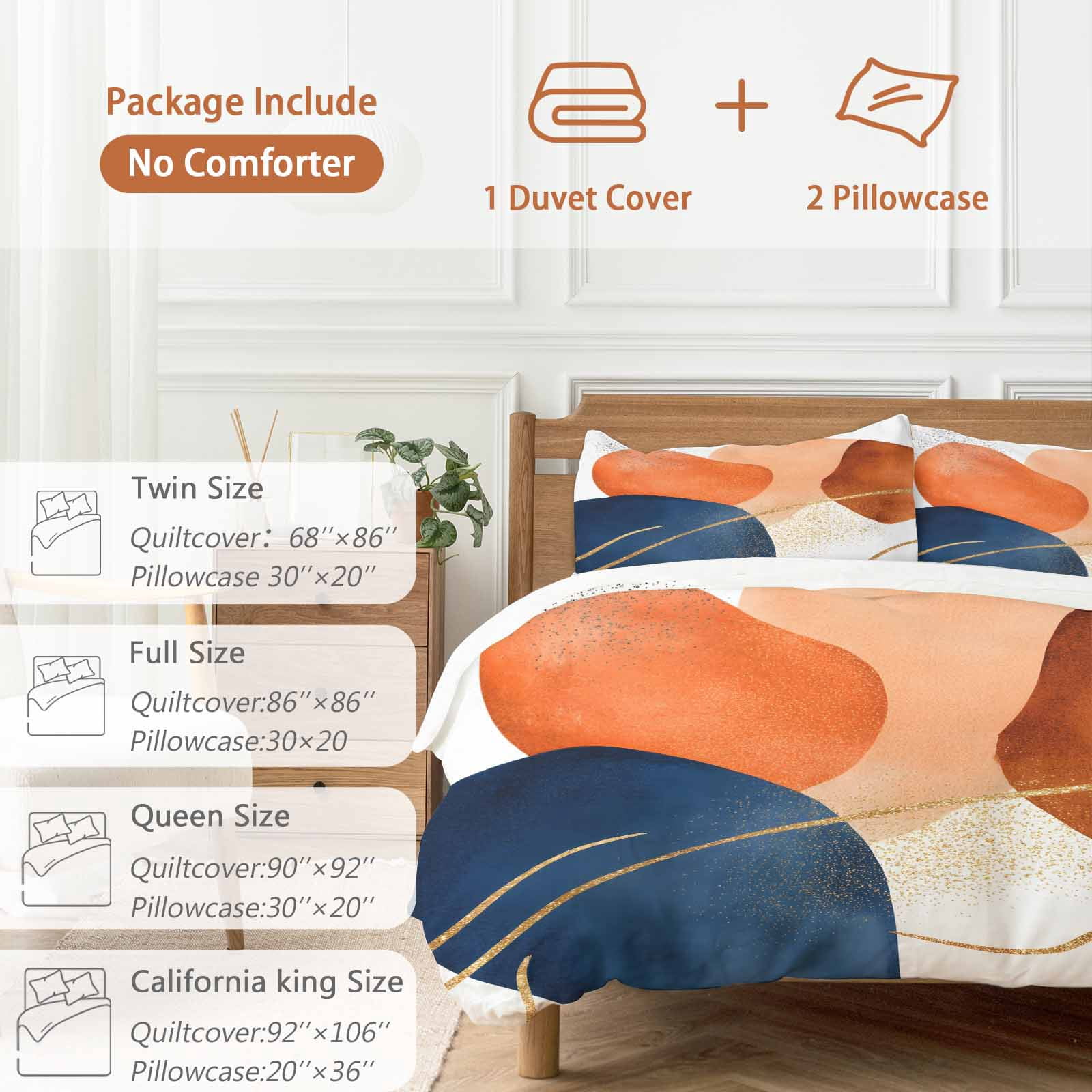 Navy Blue Burnt Orange Bedding 3 Piece Duvet Cover Set California King, Modern Retro Geometric Soft Microfiber Comforter Cover with Zipper Closure & Pillowcases, Wrinkle & FadeResistant Quilt Cover