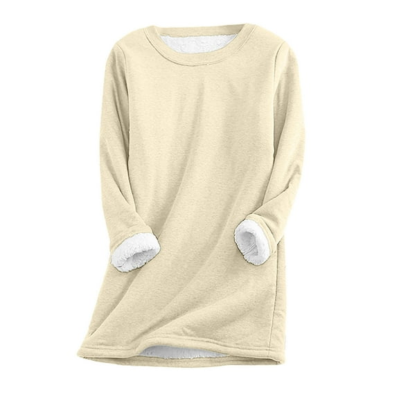 WREESH Womens Fall Winter Oversized Sweatshirts Thicken Fleece Lined Pullover Long Sleeve Round Neck Tunic Tops Casual Thermal Underwear Blouses Loungewear Beige