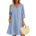 thumbnail image 2 of asdoklhq Maxi Dresses Gowns and Evening Ladies Casual V-Neck Linen Pockets Dress 3/4 Sleeve Dress Light Blue L, 2 of 5