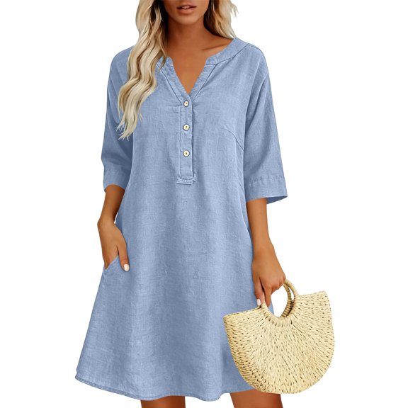 Wovilon Women's 3/4 Sleeve V-Neck Shift Dress with Buttons and Pockets, Cotton Linen Relaxed Fit Casual Summer Mini Style for Vacation and Daily Wear