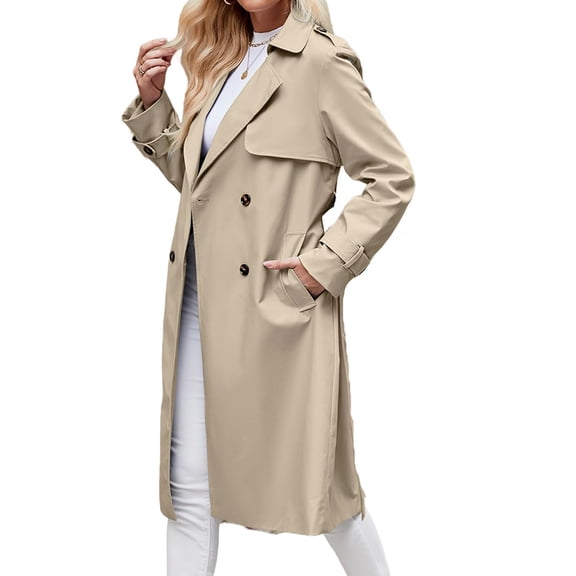 Double Breasted Women Solid Color Casual Long Trench Coat with Belt