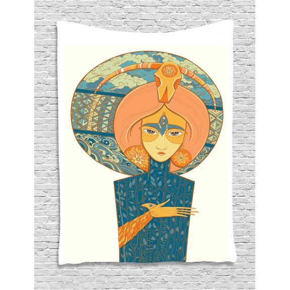 Earthy Tapestry, Art Illustration of Mother Nature with Plants Clouds Waves of Water and Third Eye, Wall Hanging for Bedroom Living Room Dorm Decor, 60W X 80L Inches, Multicolor, by Ambesonne