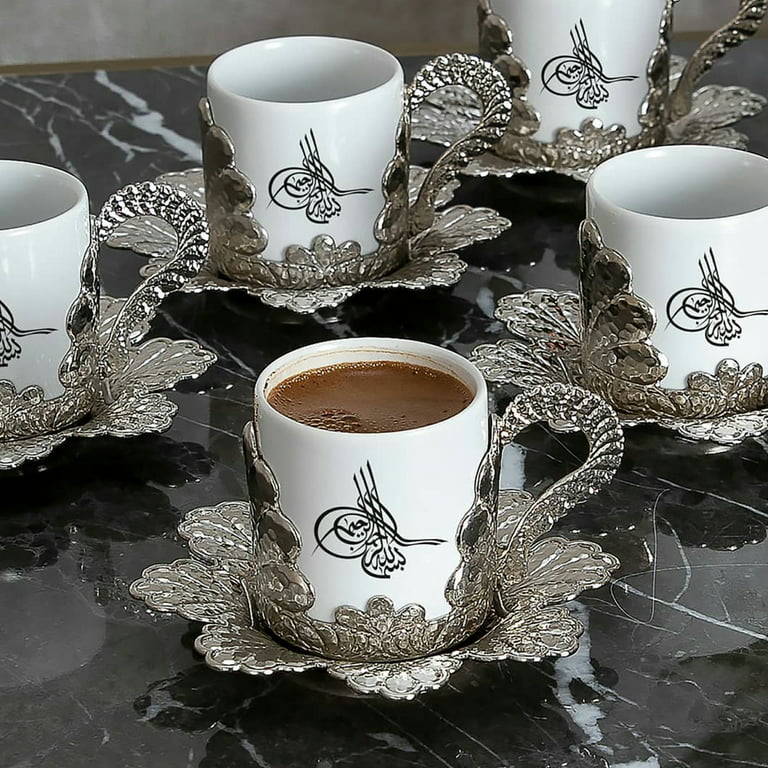 HAKAN Handmade Turkish Coffee Cups Set of 6, Authentic Arabic Espresso Cups  with Saucers, Fancy Greek Coffee Set, Bosnian Coffee Cup for Gift