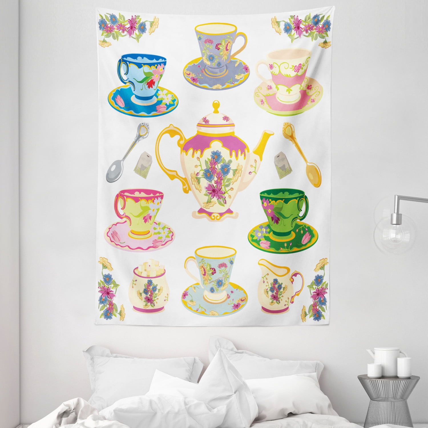 Tea Party Tapestry, Selection of Vivid Colored Teacups Pot Sugar and