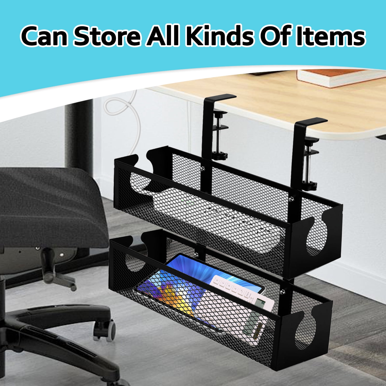 FT Hita 2 Layer Under Desk Cable Management Trays Black No Drill Cable Management Box With Clamp Cord Organizer for Office, Home,Gaming Desk