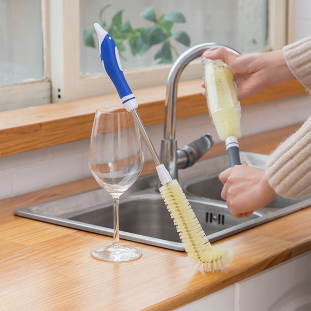 Cepillo multifuncional para tazas y cepillo para botellas - Paquete de 2 depuradores de plástico para limpieza de manchas de té, cepillos esponja de mango de 15,7" y 11,4" de largo