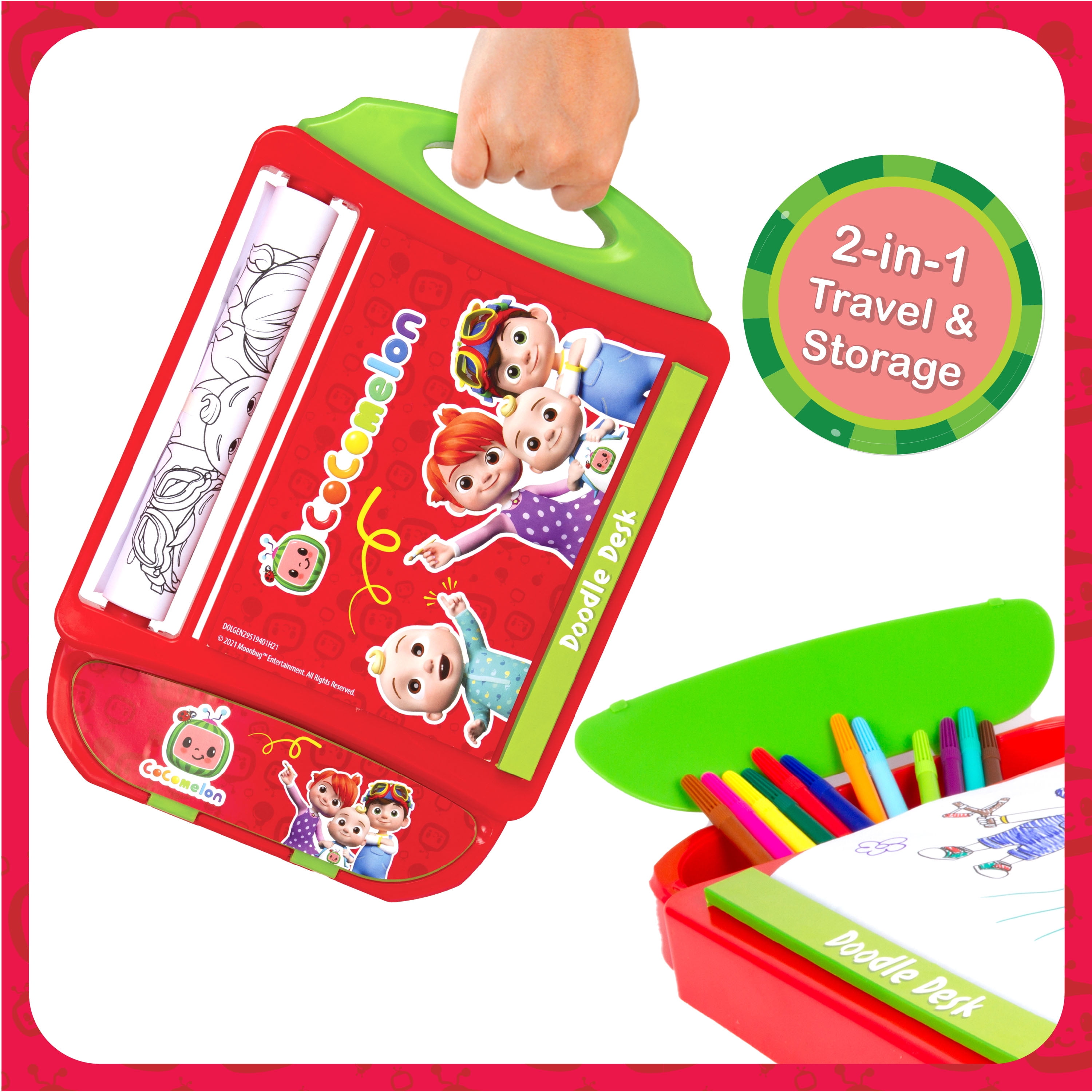 Cocomelon Doodle Desk- Kids Art Set with Markers & Coloring Pages- Built-in Case for Creativity on the Go- Includes 12 Washable Markers, 3 Art Scenes- Coloring Arts & Crafts for Boys Girls Age 3+