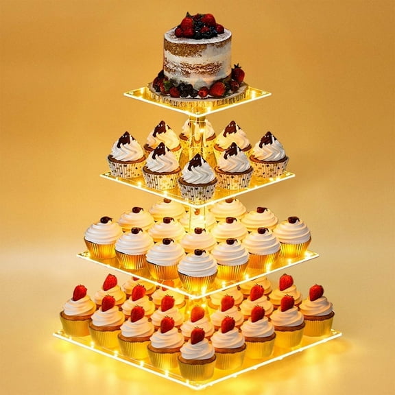 Cupcake Stand with LED String Light, 4 Tier Acrylic Cupcake Tower Display Cup Cake Stand for Birthday, Dessert Shelves for Party, Wedding, Baby Shower