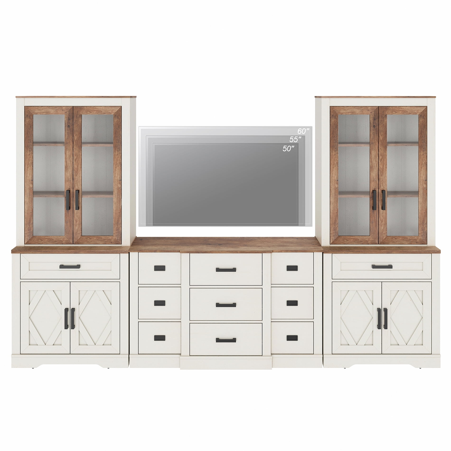 WAMPAT Farmhouse Entertainment Center with Bookshelf for TVs up to 60",Mid Century Modern TV Stand with 73"H Tall 5-Tier Bookcase with 2 Drawers and Glass Doors for Living Room,Bedroom, White Oak
