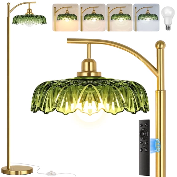 68in Gold Floor Lamp for Living Room Mid Century Modern Standing Lamp with Green Glass Shade, Flower Lamp