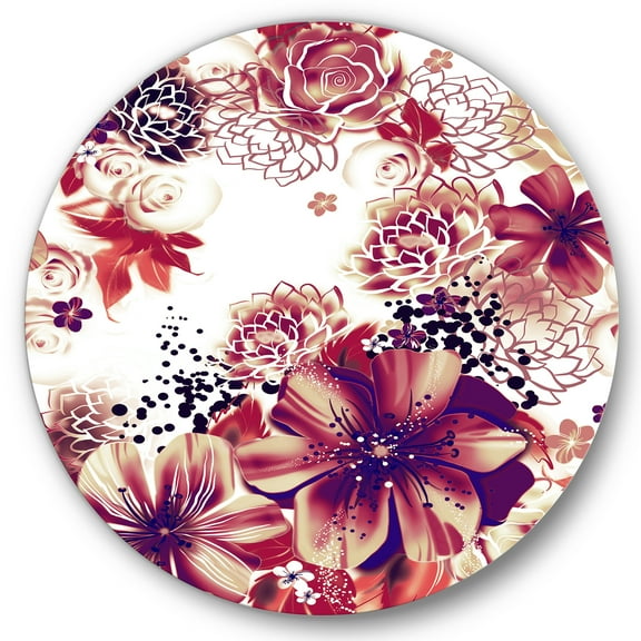 Designart 'Yellow and Pink Flowers Retro' Traditional Circle Metal Wall Art 36x36 - Disc of 36