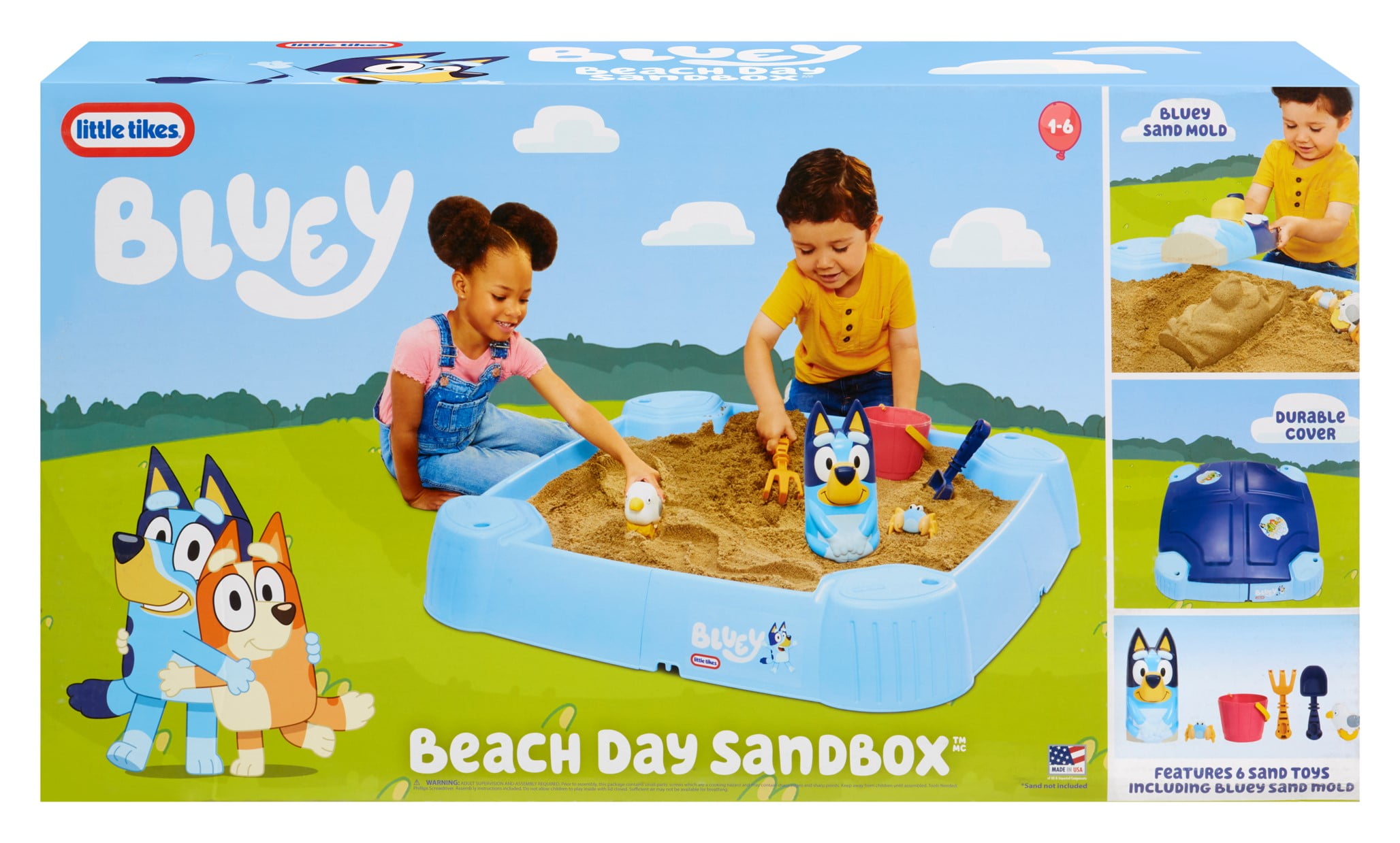 Little Tikes Bluey Beach Day Sandbox with 6 Accessories, Outdoor Sand Play for Kids Ages 1-6