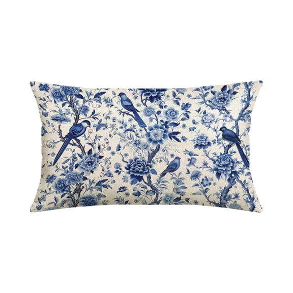 Linen Pillowcase Vintage Blue Floral and Bird Pillowcase, Soft and Smooth with Hidden Zipper Suitable for Women 50x30cm