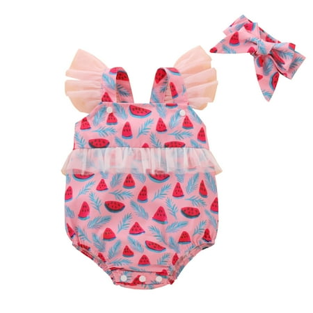 

MELDVDIB Baby Romper Infant Baby Girls Watermelon Printing Ruffles Romper Bodysuit+Hairband Outfits Gift on Clearance