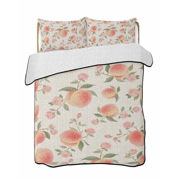 Quilts King Size Bedding Set, Peach Lightweight Quilted Comforter, Spring Floral Green Leaf Botanical Pink Fruit Rustic Reversible Bedspread Coverlet with Pillow Covers for All Season, 96" x 106"