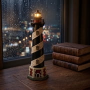 Hosley 8 Inch Tall Coastal Beach Themed Tabletop Resin Lighthouse Blinking Tower Light