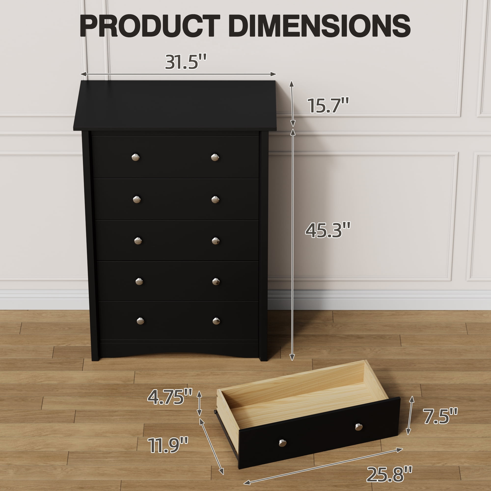 Lacoo 45'' Tall 5 Drawers Wooden Dresser for Bedroom, Modern Storage Chest of Drawers, Black