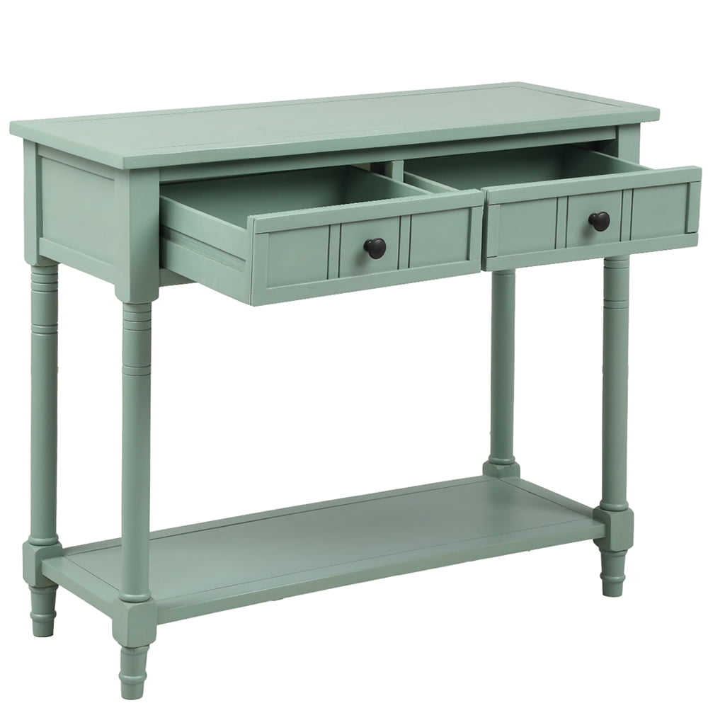 Kepooman Acacia Console Table with Two Drawers and Bottom Shelf, Traditional Design Sofa Side Table for Living Room Bedroom, Retro blue Kepooman Acacia Console Table with Two Drawers and Bottom Shelf, Traditional Design Sofa Side Table for Living Room Bedroom, Retro blue