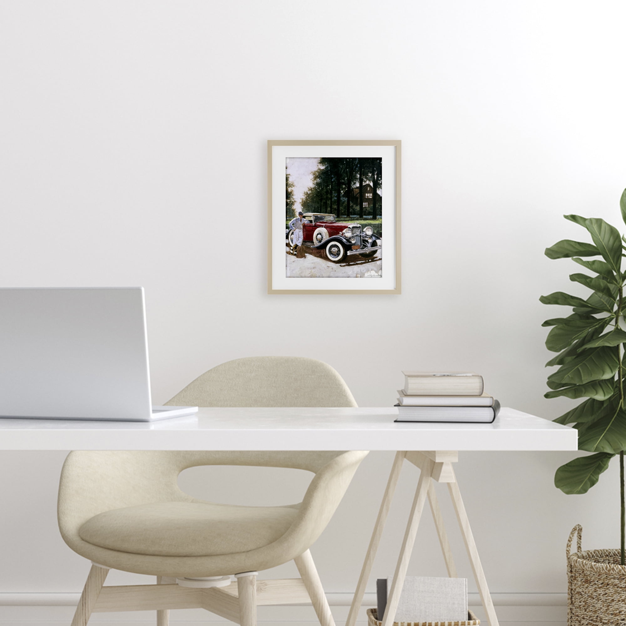 Retro Convertible Coupe & Driver Birch Framed Print Under Glass, design by Wind River Studios