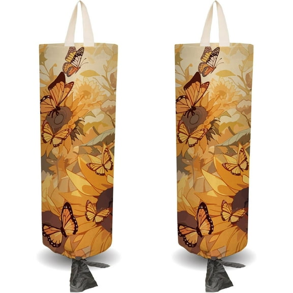 2Pcs Butterfly Sunflowers Plastic Grocery Bag Holder with 4Pcs Hooks Reusable Wall Mount Duty Shopping Storage Bag Sack Canvas Waterproof Washable Organizer Dispenser for Home Kitchen Store diy
