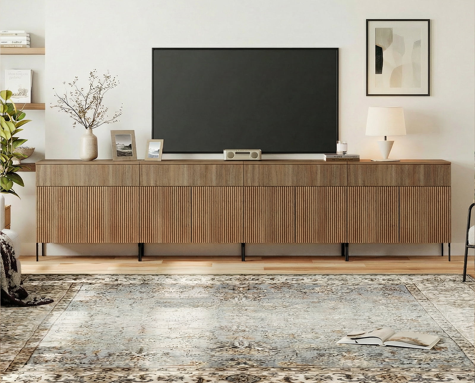 126" Long Modern Reeded TV Stand with Doors, Entertainment Center with Shelf, Wooden TV Console with Drawers for Living Room