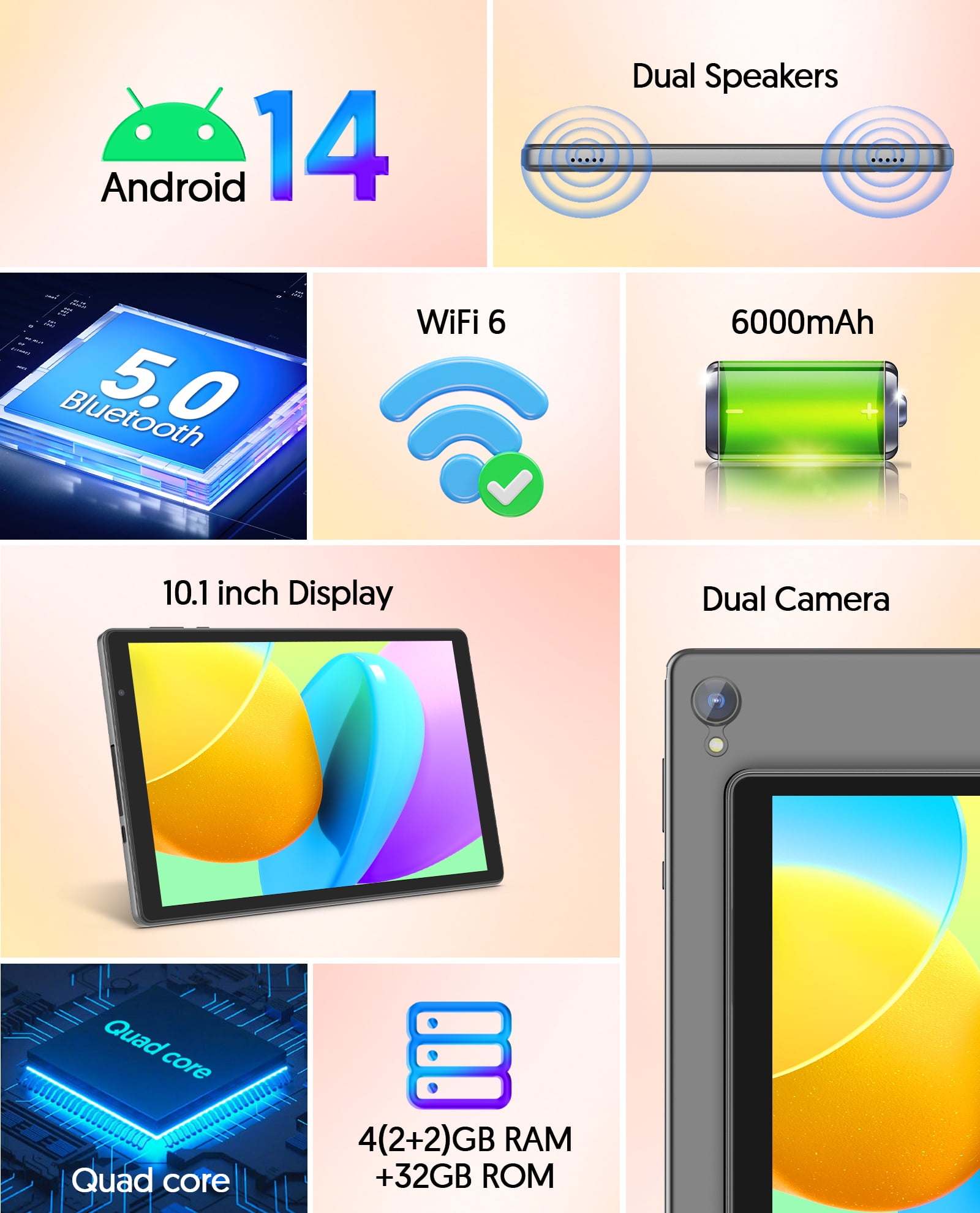 FITIFUN Android 14 Tablet 10 inch Tablets, 4GB RAM 32GB ROM 1TB Expand, Quad-core, HD Display, WiFi, Dual Camera,Gray