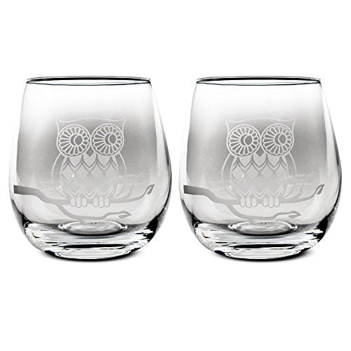 TMD Holdings Verres à Vin Sans Pied Gravés Hibou, Ensemble de 2