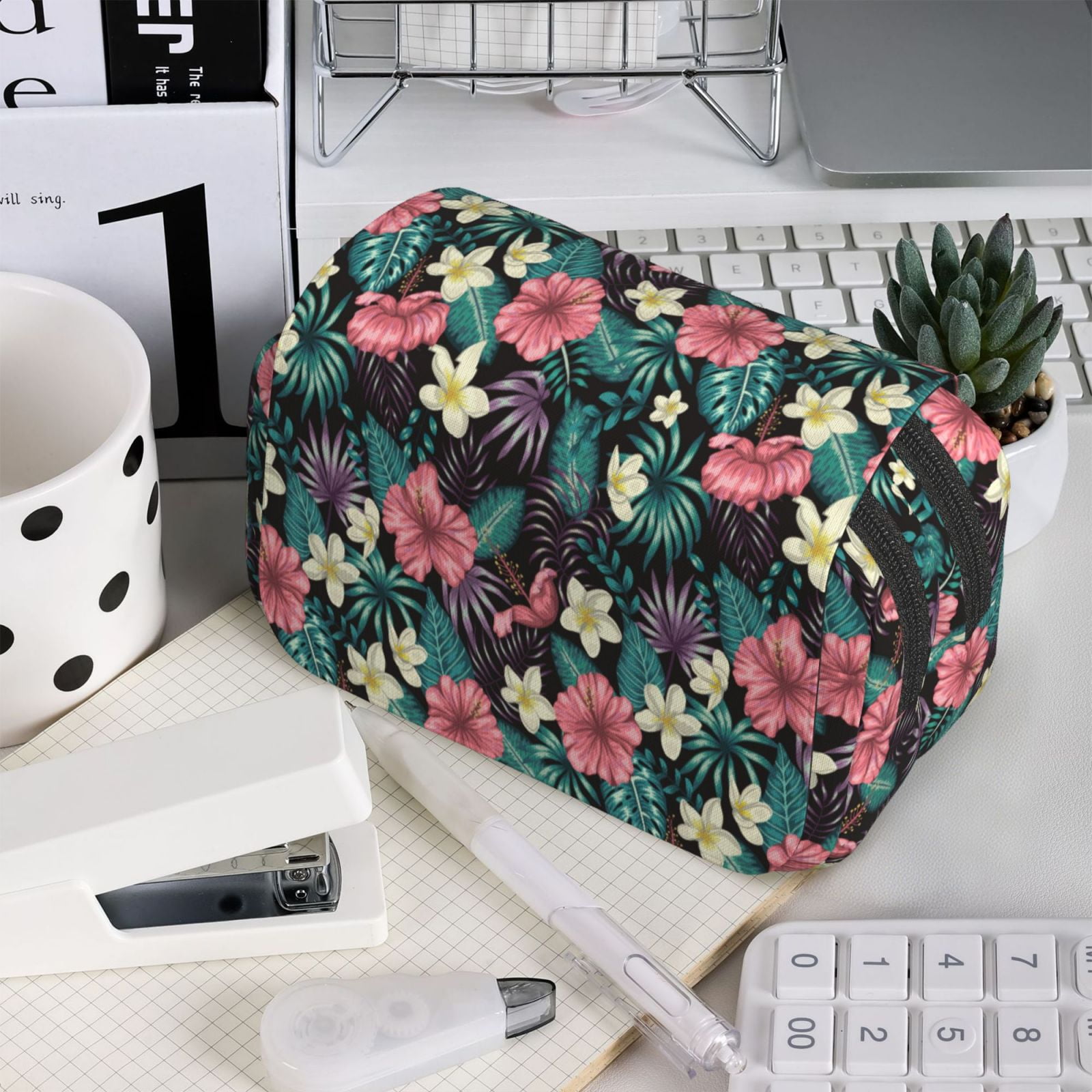 Rateoe Green Tropical Leaves Pattern Double Clamshell Pen Case, Storage Organizer with Two Zipper Compartments– Holds Up to 50 Pencils & Pens