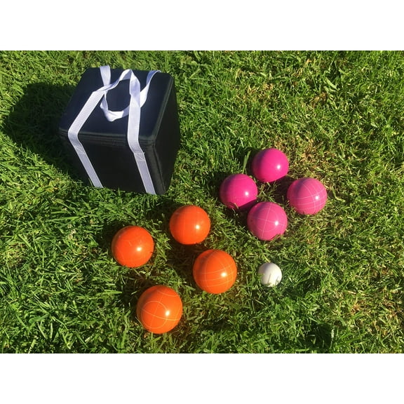 New Listing - (17 of 28) Unique Bocce Sets - 107mm with Orange and Pink Balls, Black Bag