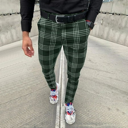

Inkach Men Dress Pants Casual Plaid Flat-Front Skinny Business Pencil Long Pants Pocket