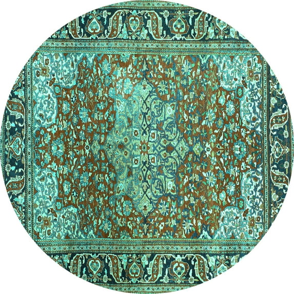 Ahgly Company Machine Washable Indoor Round Medallion Turquoise Blue Traditional Area Rugs, 6' Round