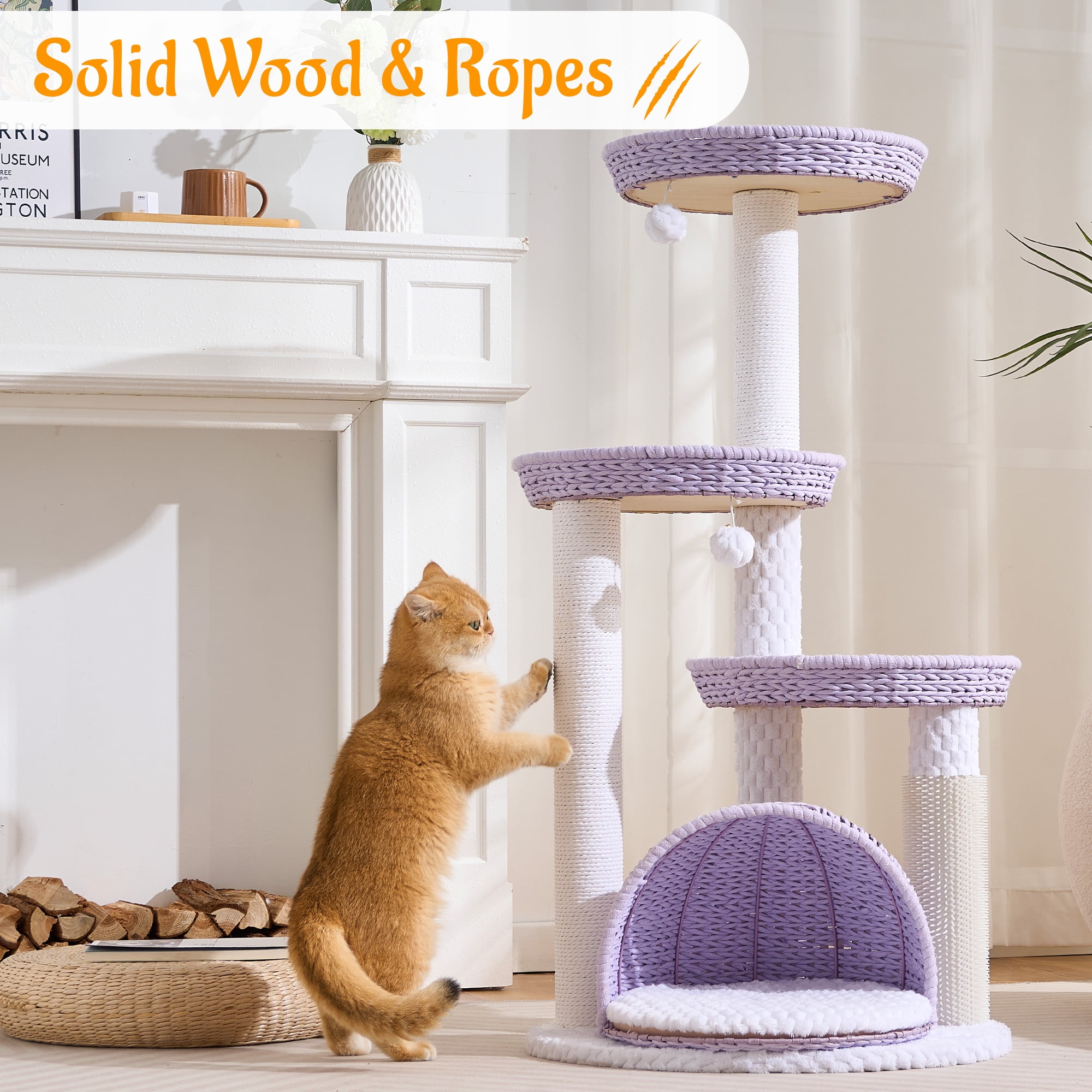 HITTITE Modern Cat Tree Tower with Scratching Post, 46 Inches Tall Cat Towers with Woven Cat Nests and Cave, Removable Cushions and Massage Brush for Indoor Cats Large Adult.