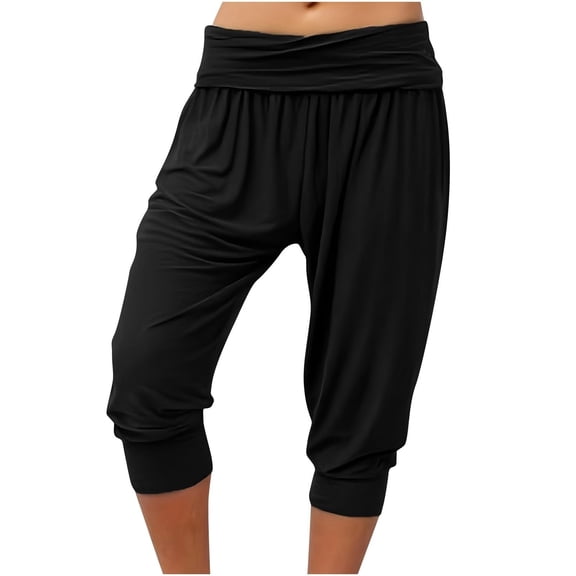 Women's Soild Color Harem Cropped Pants with Pleated Waist, Loose Fit Yoga Lounge Pants, Soft Cropped Joggers for Fitness, Workout, and Casual Wear Black L