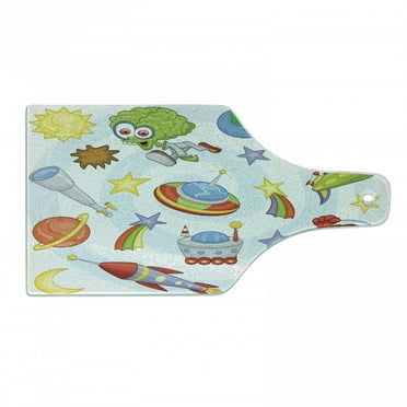 Outer Space Cutting Board, Space Objects with Sun Earth Comet Stars Meteor Lunar Extraterrestrial Cartoon, Tempered Glass Cutting and Serving Board, Wine Bottle Shape, Multicolor, by Ambesonne
